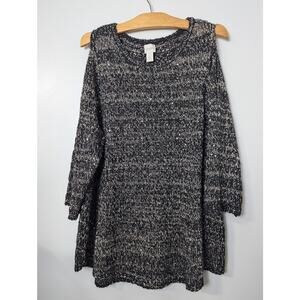 Chicos Size 3 Black Gold Sweater Pullover Cold Shoulder Sequins 3/4 Sleeve